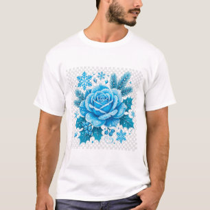 Camiseta Rosa de invierno azul helado Arte floral de Navida