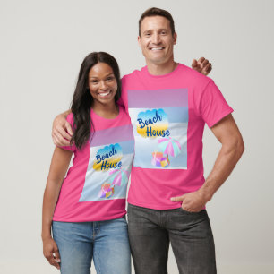 Camiseta rosa de la casa de playa azul y rosa