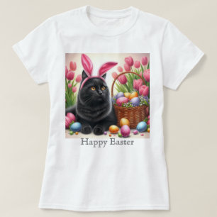 Camiseta rosa de Pascua feliz gato negro conejito