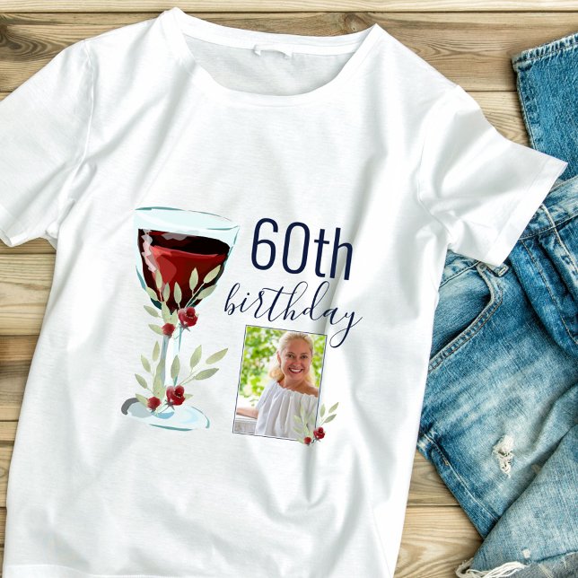Camiseta Rosa de vino rojo acuarela foto 60 cumpleaños (Subido por el creador)