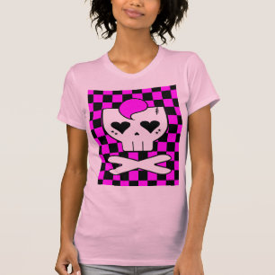 CAMISETA ROSA DEL TABLERO DE DAMAS DEL CRÁNEO DE KAWAII