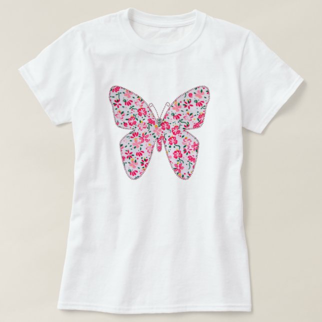 Camiseta Rosa floral de la mariposa de la tela del Applique (Diseño del anverso)