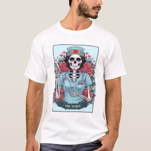Camiseta Rosa Floral Esqueleto Enfermera Carta Tarot Hallow