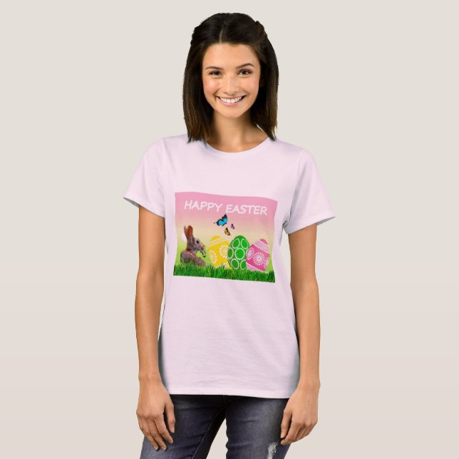 Camiseta rosa pálido Feliz Pascua (Anverso completo)