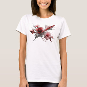 Camiseta Rosa ROJA ROSA Y FLORES ROSADAS SOBRE FONDO NEGRO