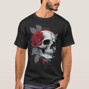 Camiseta Rosa Skeleton Skull Mano Rosa de Flor Roja