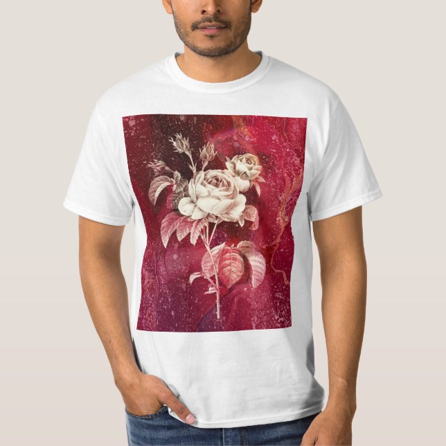 Camiseta Rosa sobre fondo texturizado rojo (Anverso)