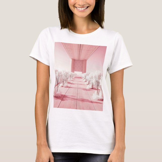 Camiseta rosa y blanco de los árboles y de un edificio (Anverso)