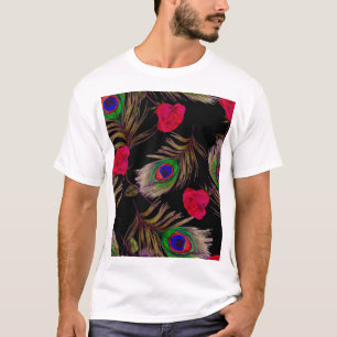 Camiseta Rosas acuarelas, plumas de pavo real, decorativo.