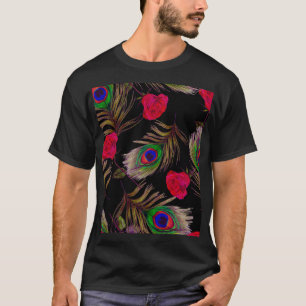 Camiseta Rosas acuarelas, plumas de pavo real, decorativo.
