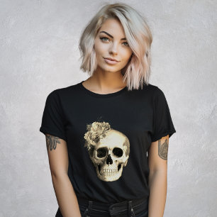 Camiseta Rosas blancas del cráneo gótico negro