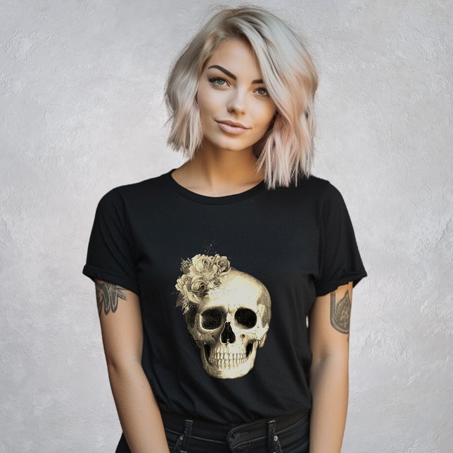 Camiseta Rosas blancas del cráneo gótico negro (Subido por el creador)
