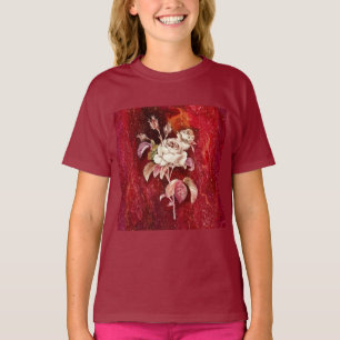 Camiseta Rosas blancas sobre fondo texturizado rojo intenso