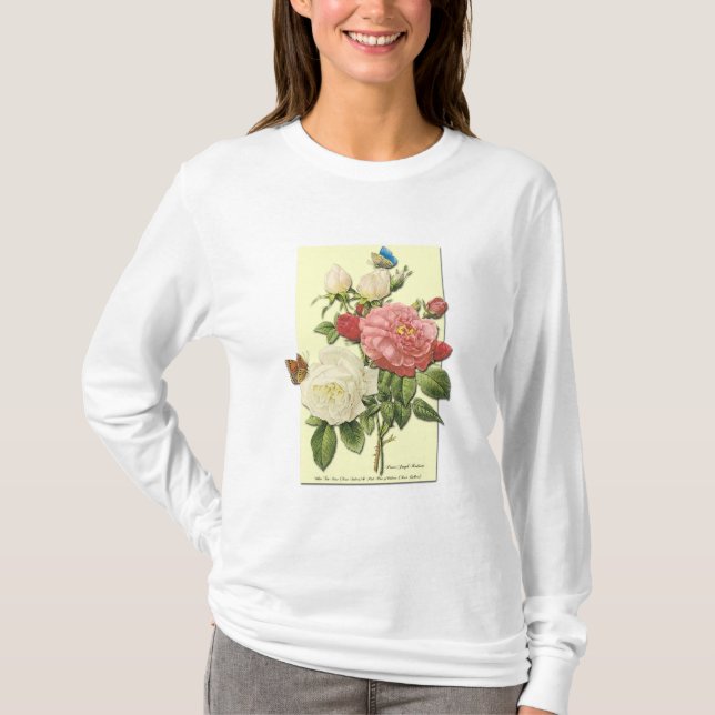 Camiseta Rosas botánicos de color blanco rosado (Anverso)