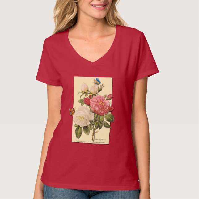 Camiseta Rosas botánicos de color blanco rosado TShirt (Anverso)