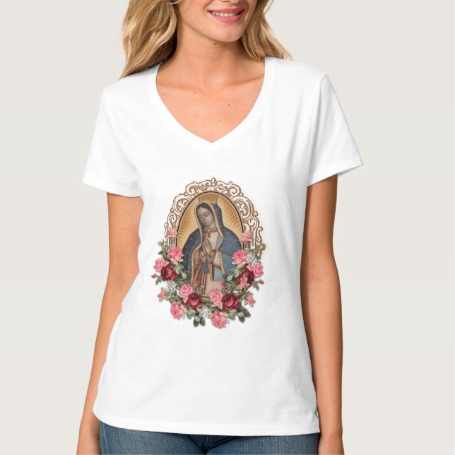 Camiseta Rosas católicas de Guadalupe Virgen María (Anverso)