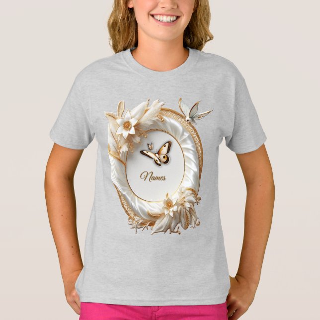 Camiseta Rosas de oro blanco, seda de champán y mariposas (Anverso)