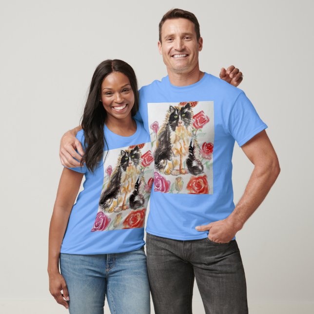 Camiseta Rosas De Tuxedo Cat Cute Flores Gatos Rosa De Acua (Unisexo)
