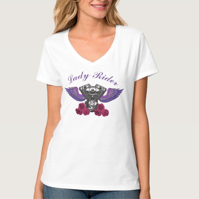 Camiseta Rosas del Lady Rider Motorcycle Engine Wings (Anverso)