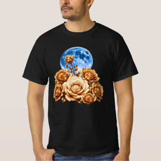 Camiseta Rosas Doradas y Luna Llena Azul Estética Celestial