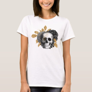 Camiseta Rosas negros Skull vintage follaje de oro falso