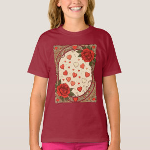 Camiseta Rosas Rojas Y Corazones Diseño Art Nouveau
