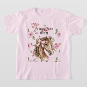 Camiseta Rosas Rosadas Florales Caballo Bonito Lazo Rosa