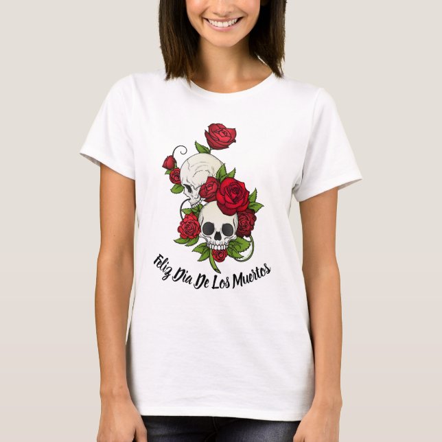 Camiseta Rosas y cráneos rojos feliz día de los muertos (Anverso)