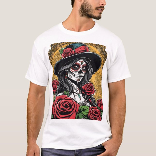 Camiseta Rosas y mujer con cráneo de azúcar - Día de los Mu (Anverso)
