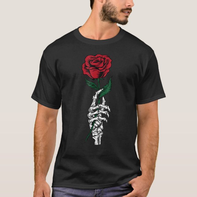 Camiseta Rose Flower White Skeleton Hand Holding A Red Rose (Anverso)