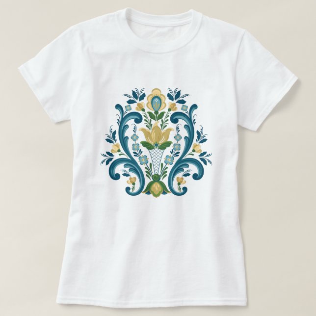 Camiseta Rosemaling azul y oro (Diseño del anverso)