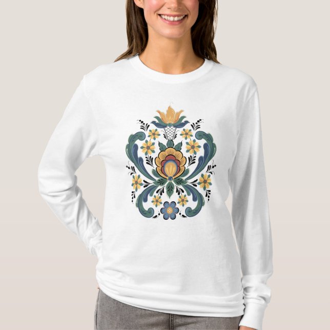 Camiseta Rosemaling Roja y Oro (Anverso)