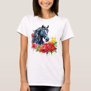 Camiseta Roses rojas del caballo negro de color agua