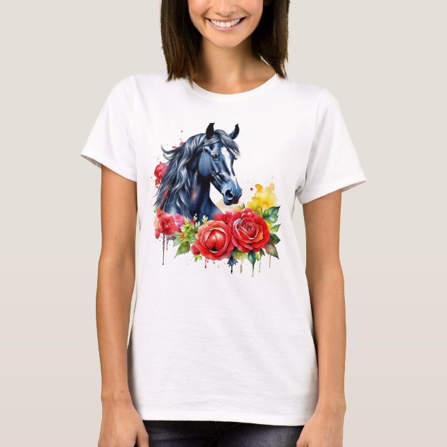 Camiseta Roses rojas del caballo negro de color agua (Anverso)