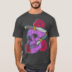 Camiseta Roses rojos y cráneo con Knife Calaveras góticas S