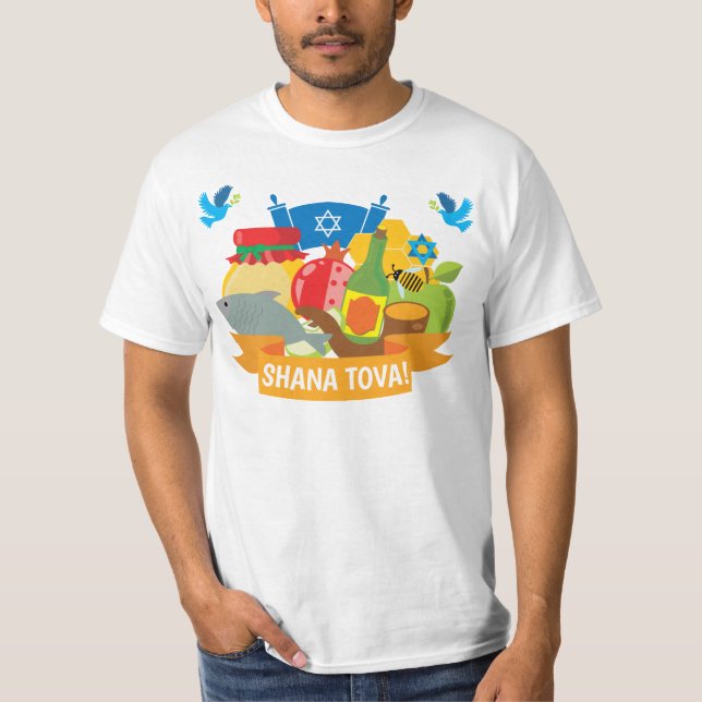 Camiseta 🍯 🍎 🐟 Rosh Hashanah con texto personalizado (Anverso)