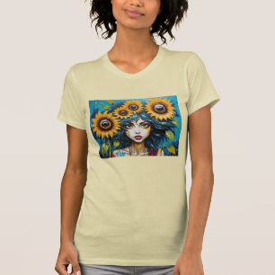 Camiseta Rostro de niña expresiva con girasoles
