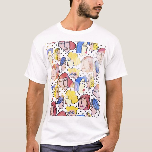 Camiseta Rostros de mujeres abstractas, puntos de polka acu (Anverso)