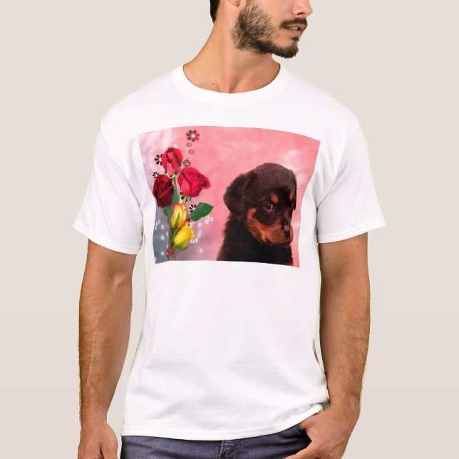Camiseta Rottweiler Puppy con Flores Rojas y Amarillas (Anverso)