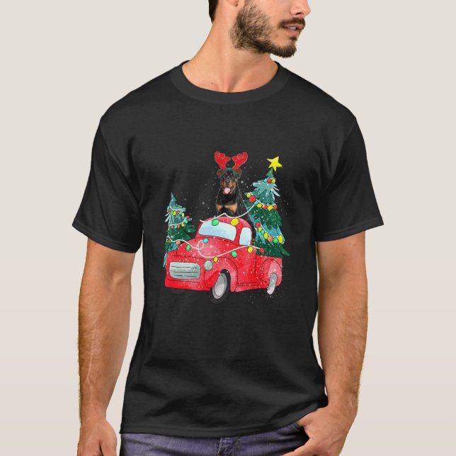 Camiseta Rottweiler Ride Red Truck Christmas Dog  Xmas Paja (Anverso)