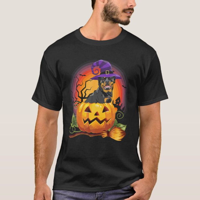 Camiseta Rottweiler Witch Pumpkin Halloween Perro Lover (Anverso)