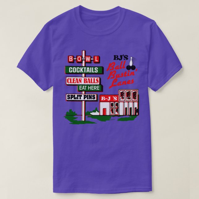 Camiseta Rótulo de BJs Ball Bustin Lanes Retro Roadside (Diseño del anverso)