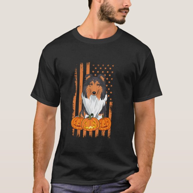 Camiseta Rough Collie Dog Bandera Americana Halloween (Anverso)