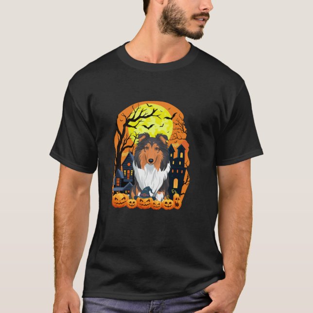 Camiseta Rough Collie Dog con calabazas Graciosas Scary Hal (Anverso)