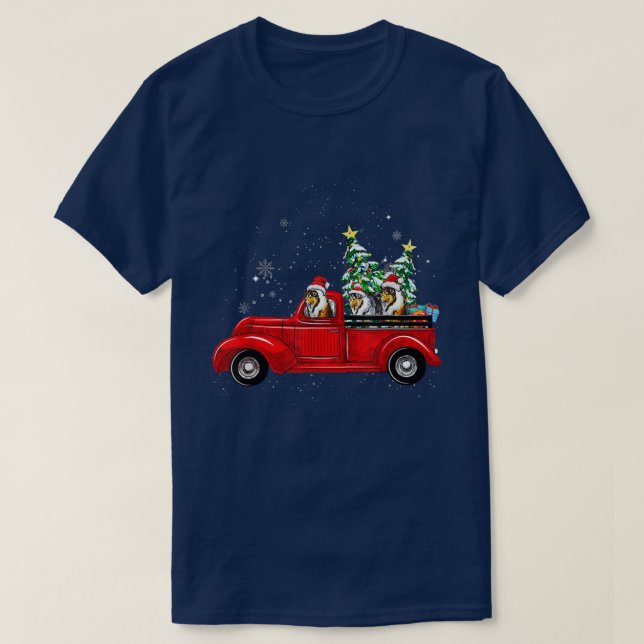 Camiseta Rough Collie Dog Driving Xmas Truck Christmas Tree (Diseño del anverso)