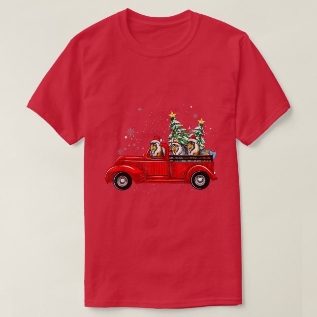 Camiseta Rough Collie Dog Driving Xmas Truck Christmas Tree (Diseño del anverso)
