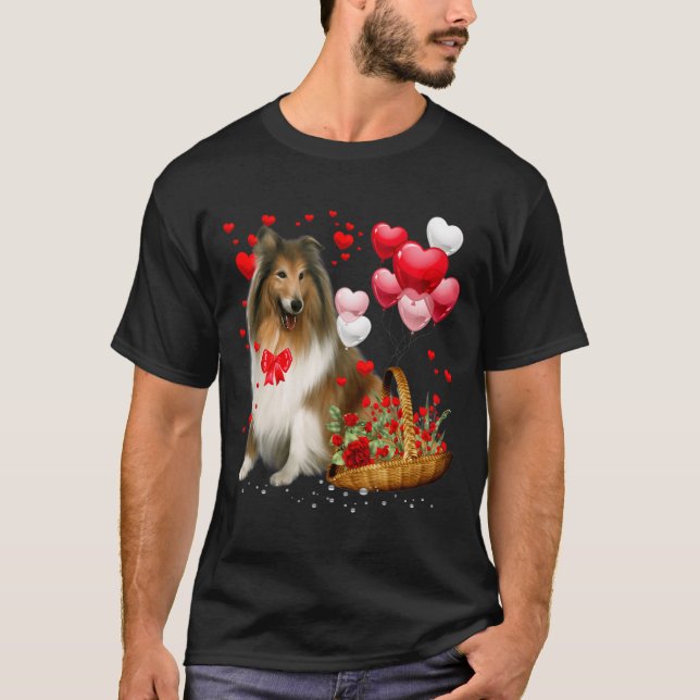 Camiseta Rough Collie Heart Balloon Happy Valentine Day Dog (Anverso)