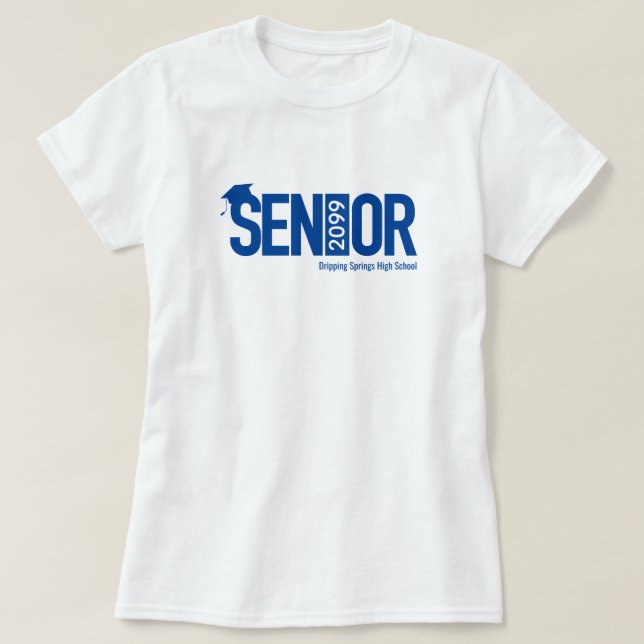 Camiseta Royal Blue SENIOR con tapón de graduación (Diseño del anverso)
