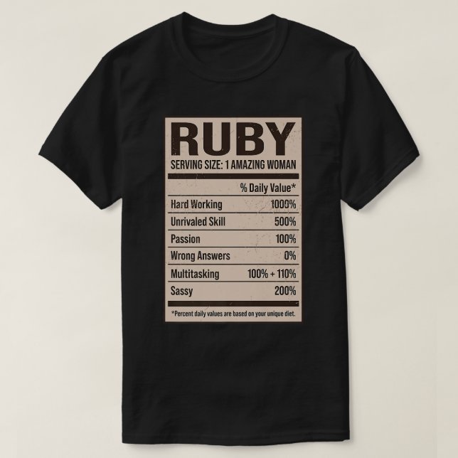 Camiseta Ruby Nutrition Facts Name Nickname Alias Title Fri (Diseño del anverso)