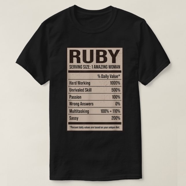 Camiseta Ruby Nutrition Facts Name Nickname Alias Title Fri (Diseño del anverso)